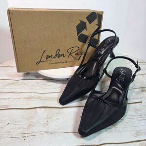 London Rag Black Slingback Mesh Axton Kitten Heels With Patent Trim Womens Shoes